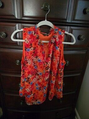 INC International Concepts Orange Floral Tie-Neck Sleeveless Blouse